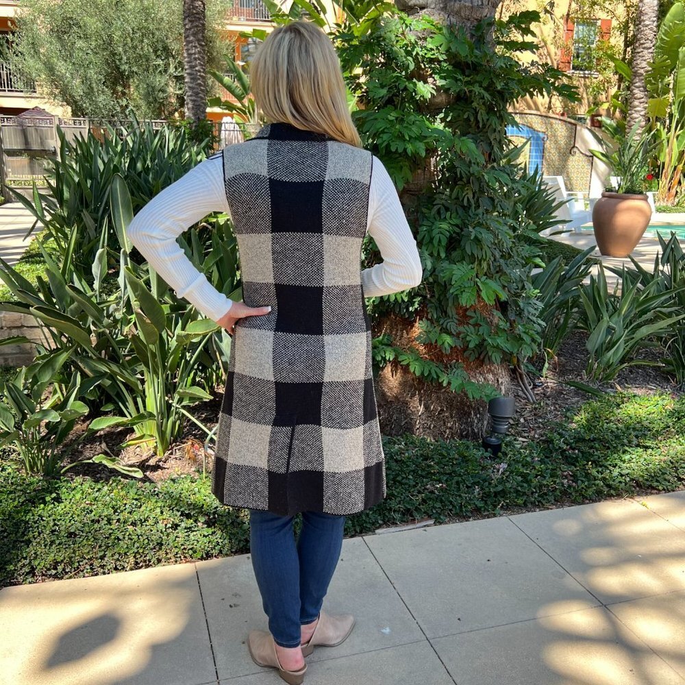 Open Front Plaid Long Cardigan Vest Heathered Black & Oatmeal With Pockets Small - Picture 3 of 5
